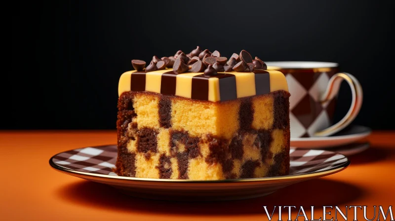 Delicious Chocolate Cake with Yellow Frosting on Checkered Plate AI Image