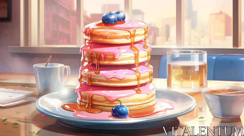AI ART Delicious Pancakes with Blueberries and Syrup - Breakfast Art