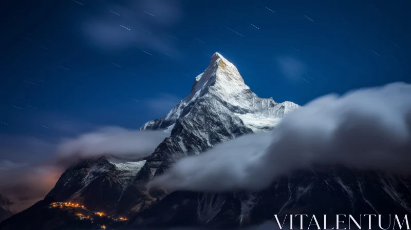 Enchanting Night View of Snow-Capped Mountain Peak AI Image