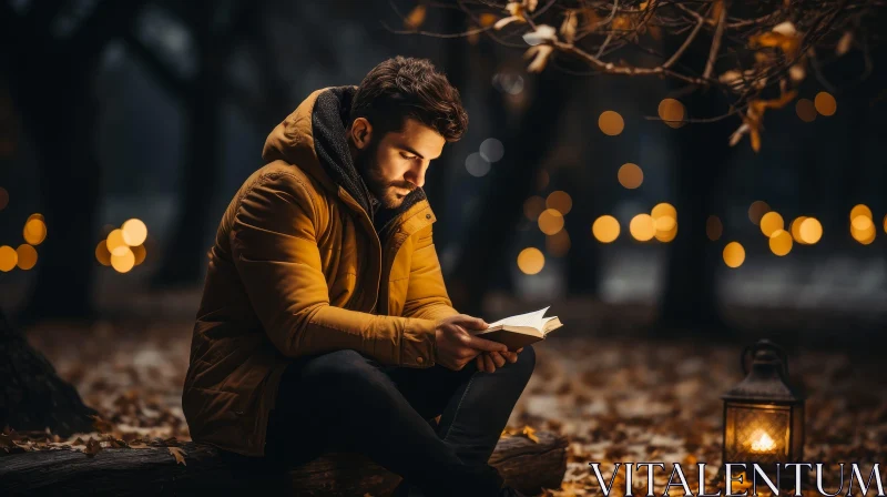 Enigmatic Forest Encounter: Man Reading Book AI Image