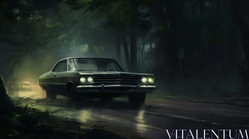 AI ART Enigmatic Vintage Car Drive Through Dense Forest