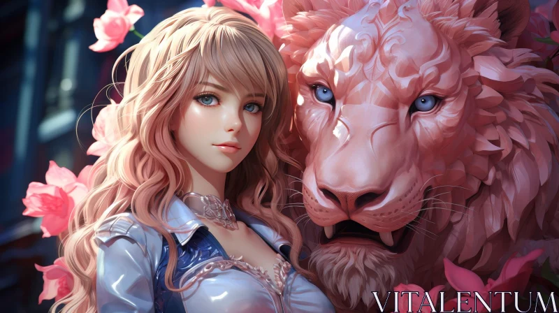 Ethereal Woman and Pink Lion Portrait AI Image