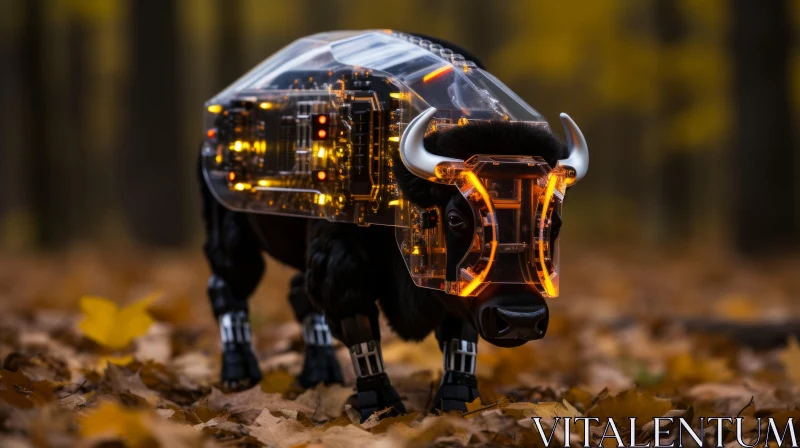 Futuristic Robotic Bull in Forest - A Blend of Technology and Nature AI Image