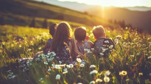 Innocent Joy: Children Sitting in Flower Field at Sunset