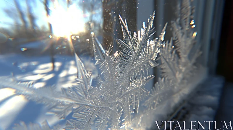 Intricate Frost Patterns on Window | Sunlit Close-up AI Image