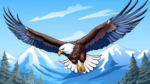 Majestic Bald Eagle Soaring in Sky with Mountain Background
