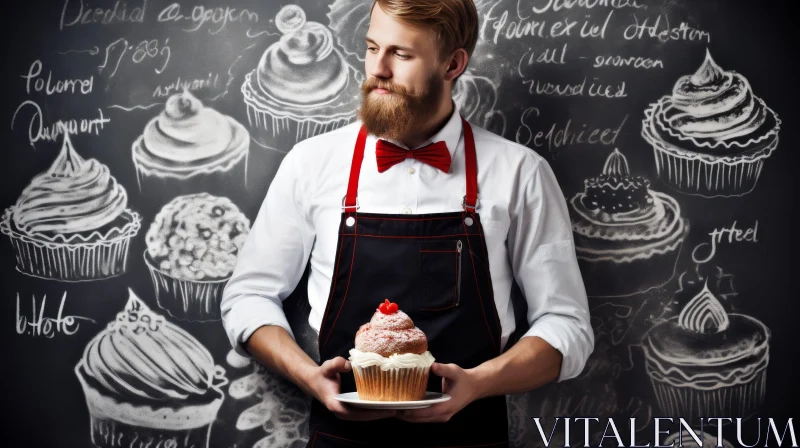 Man with Cupcake Plate and Blackboard AI Image