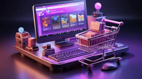 Modern 3D Rendering of Desktop Computer with Shopping Cart