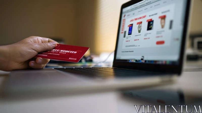 Person Making a Purchase with Red VISA Credit Card and Laptop AI Image