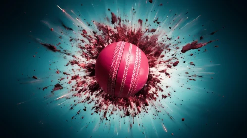 Pink Cricket Ball Explosion on Blue Background