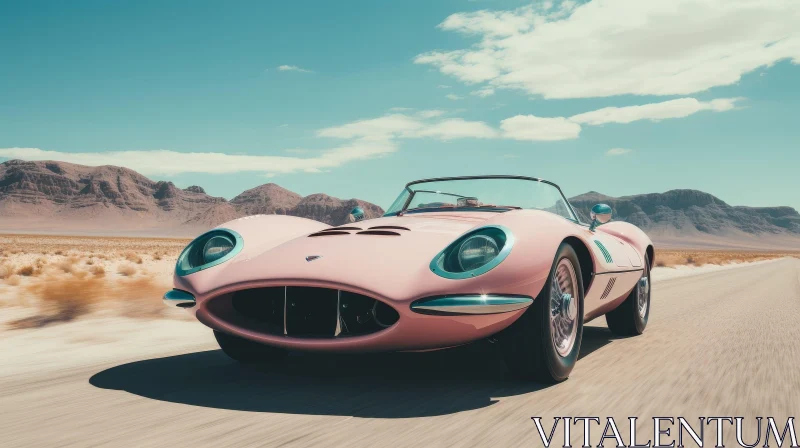Pink Vintage Car Speeding Through Desert Landscape AI Image