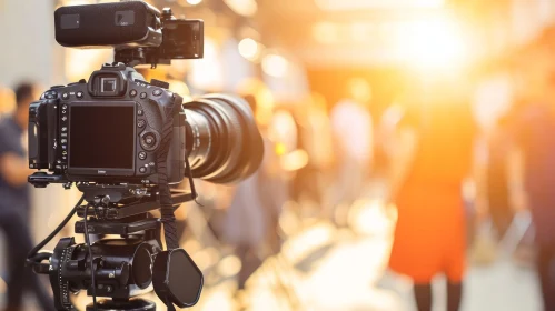 Professional Video Camera on Tripod Capturing Group of People