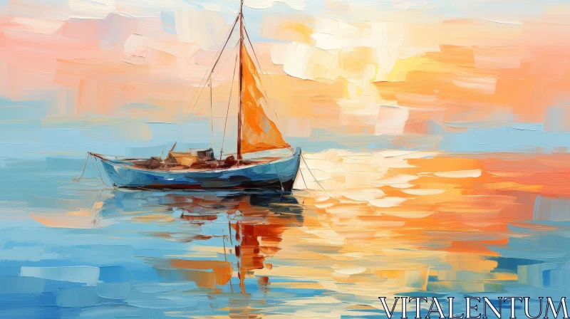 AI ART Serene Seascape with Blue Boat - Oil Painting on Canvas
