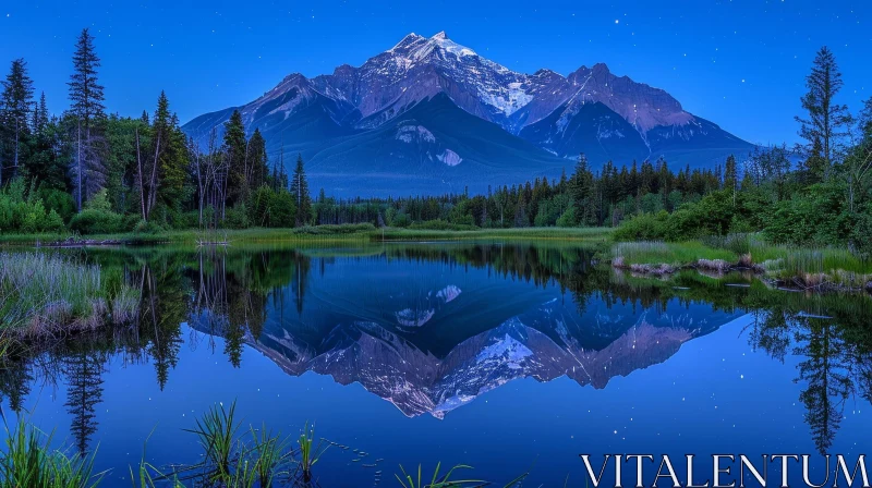 Snowy Mountain Range Reflection in Blue Lake AI Image
