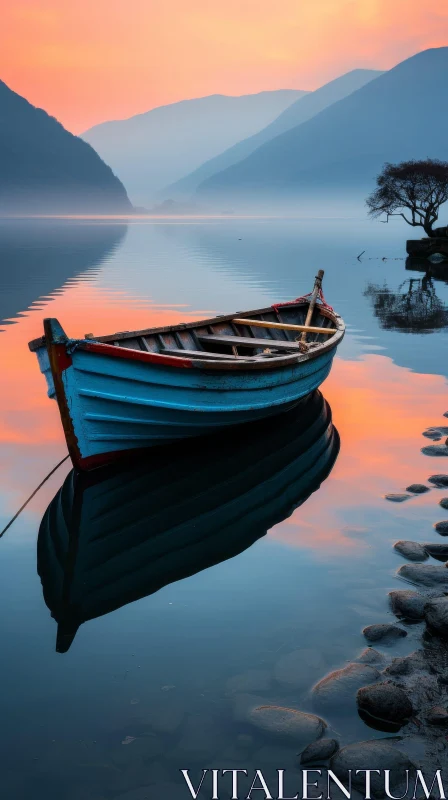 AI ART Tranquil Lake Scene with Wooden Boat