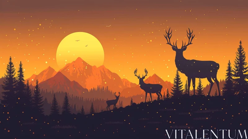 AI ART Tranquil Sunset Landscape with Mountains and Deer