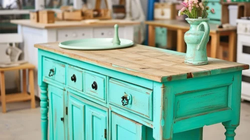 Turquoise Wooden Cabinet with Pink Flowers and Green Tray