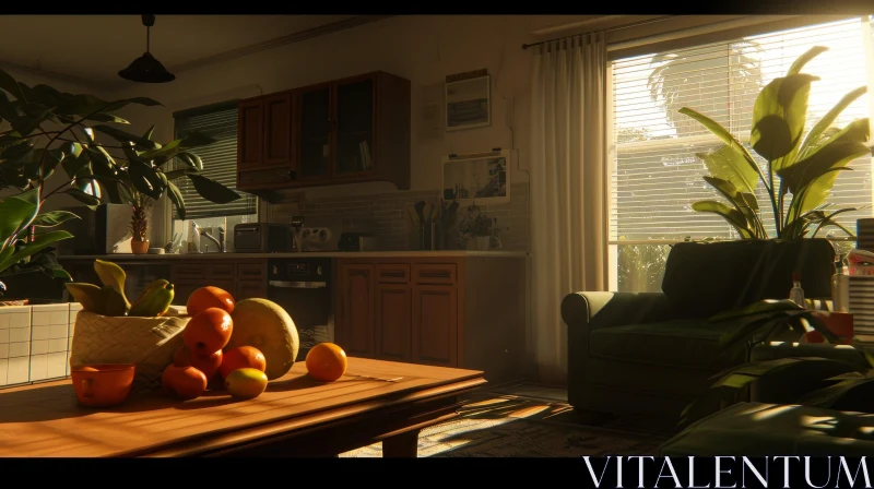 Warm and Inviting Living Room | Natural Sunlight | Fruit Bowl | Green Sofa AI Image