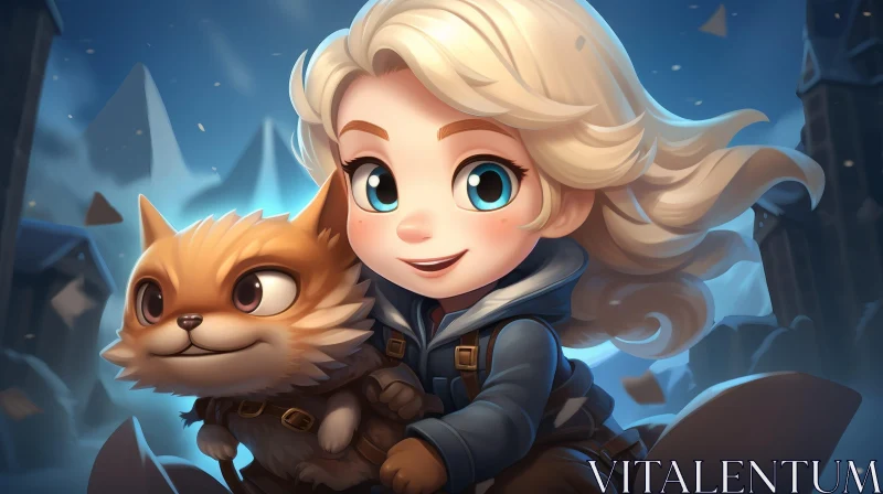 Blonde Girl Riding Fluffy Creature in Snowy Forest AI Image
