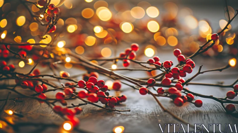 Close-up of Red Berries with Blurred Christmas Lights | Festive Holiday Image AI Image