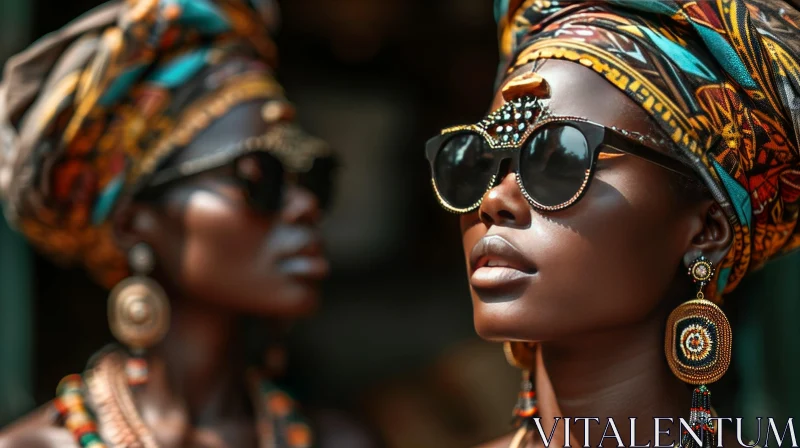 Close-Up Portrait of a Beautiful African Woman with Headscarf and Sunglasses AI Image