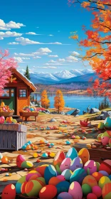 Colorful Cabincore Scene with Vibrant Mountainous Vistas
