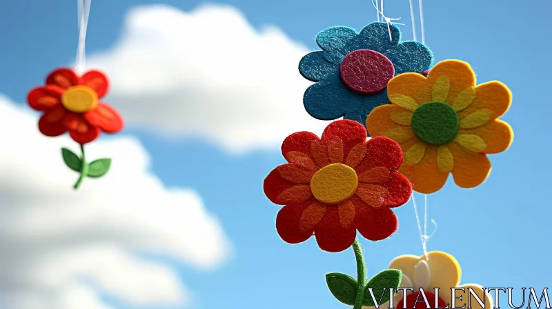 Colorful Felt Flowers Hanging Against Blue Sky | Stunning Nature Photography AI Image
