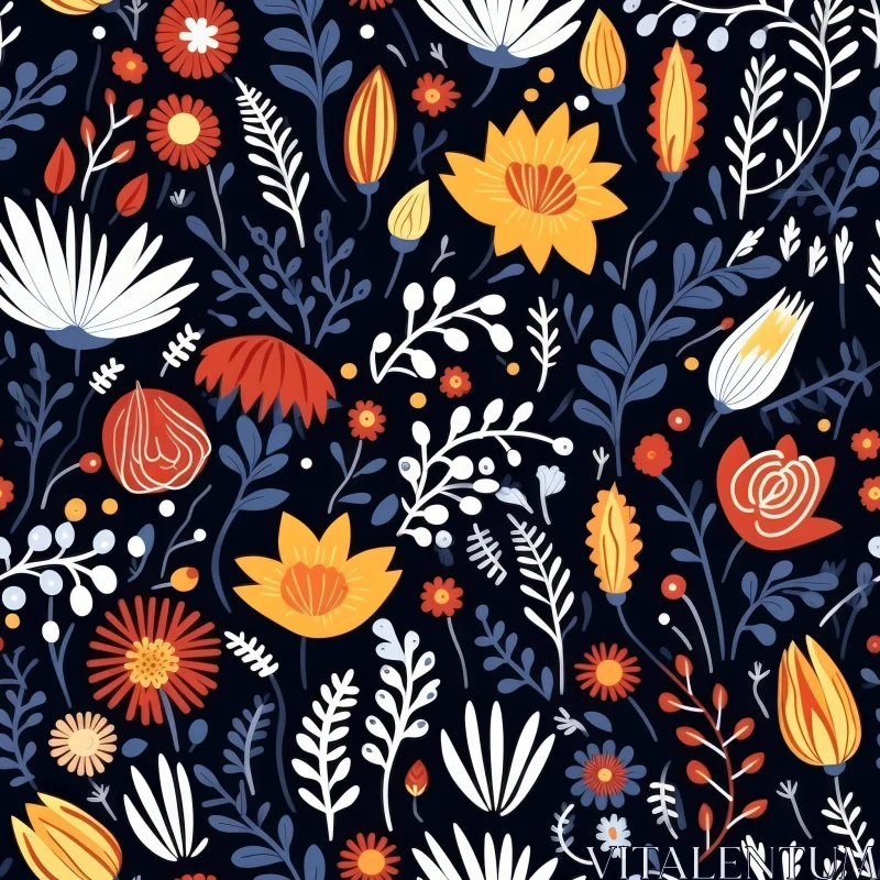Dark Blue Floral Pattern - Colorful Flowers and Leaves Design AI Image