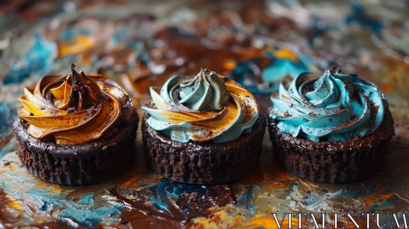 Delicious Chocolate Cupcakes with Blue and Gold Frosting on Colorful Background AI Image