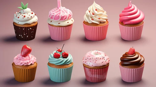 Delicious Cupcakes with Toppings on Pink Background
