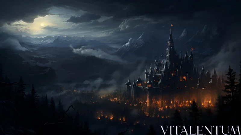 Eerie Castle on Cliff: Dark Fantasy Landscape AI Image