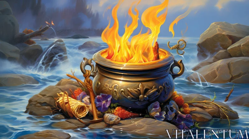 Enigmatic Cauldron Fire Painting AI Image