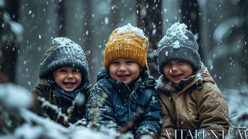 Happy Children in Snowy Forest - Winter Joy AI Image
