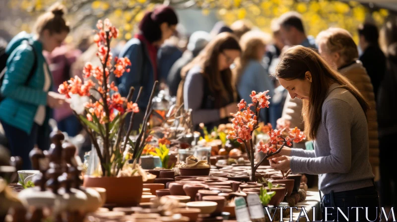 Lively Outdoor Market Scene with Potted Flowers and Ornaments AI Image