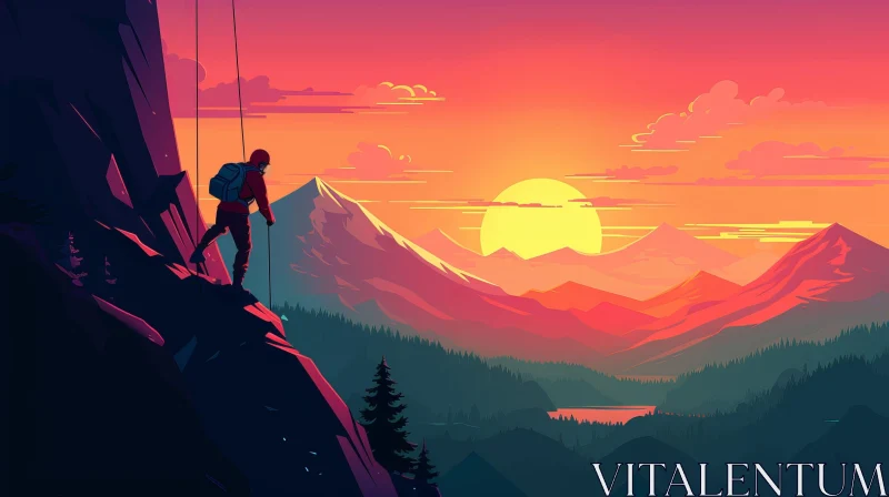 Mountain Climber Ascending at Sunset AI Image