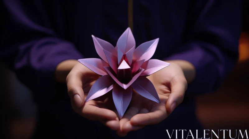 Pink Origami Lotus Flower in Hands AI Image