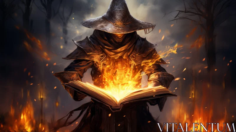 Powerful Wizard in Dark Fantasy Forest Illustration AI Image