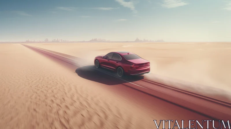 Red Car Driving on Desert Road AI Image