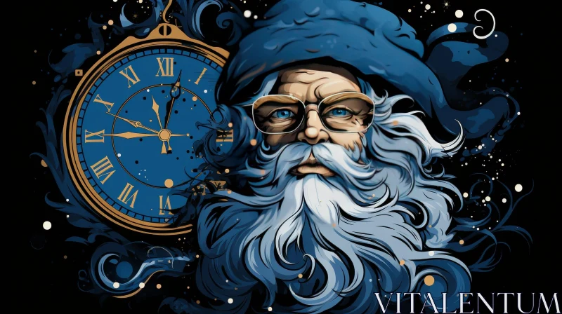 Santa Claus Digital Painting with Clock and Night Sky AI Image