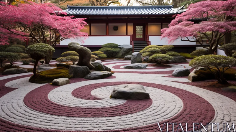 Serene Japanese Garden with Architectural Motifs and Cherry Blossoms AI Image