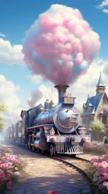 Steam Locomotive in Countryside with Pink Clouds and Blooming Flowers