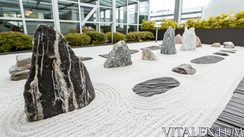 Tranquil Zen Garden with Raked Sand and Arranged Stones AI Image