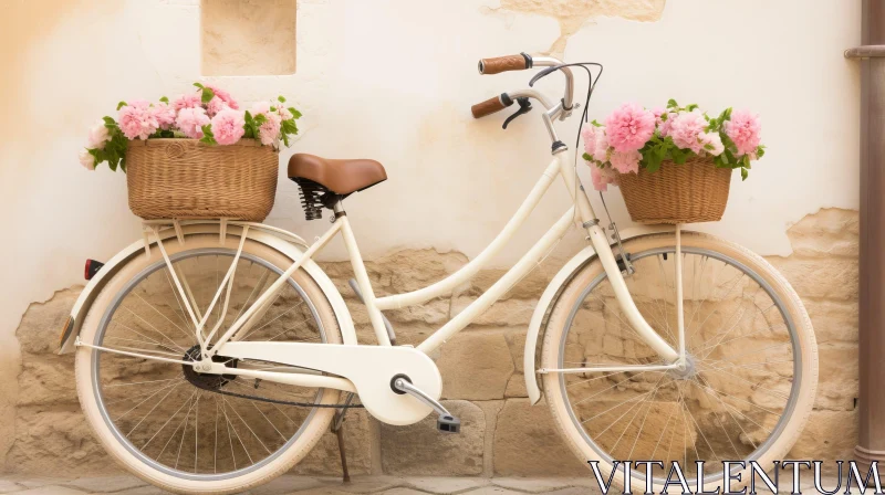 Vintage White Bicycle with Pink Flowers Against Stone Wall AI Image