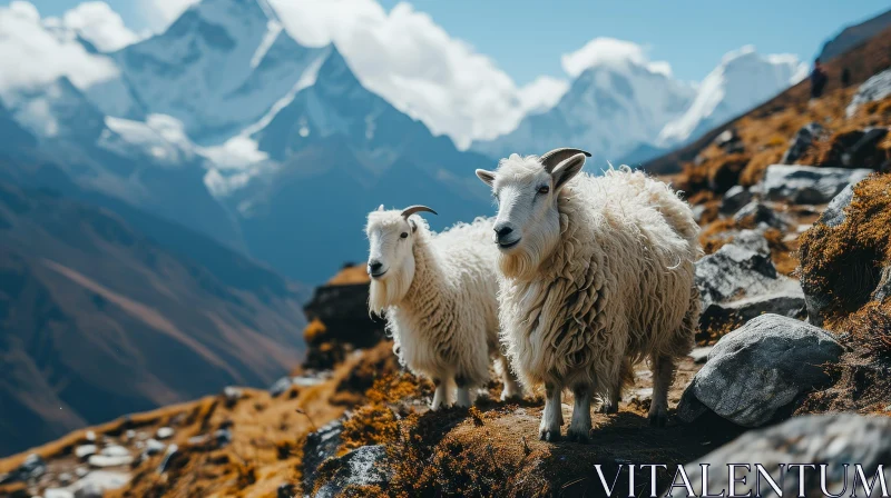 AI ART White Mountain Goats on Rocky Slope - Majestic Nature Scene