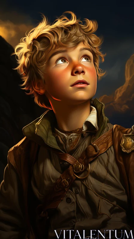 Young Boy Portrait in Determined Expression AI Image