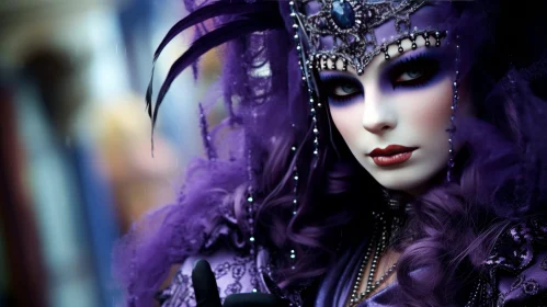Young Woman in Purple Venetian Carnival Mask