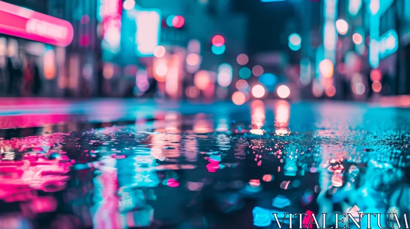 Blurred Night View of City Street with Reflective Puddle AI Image