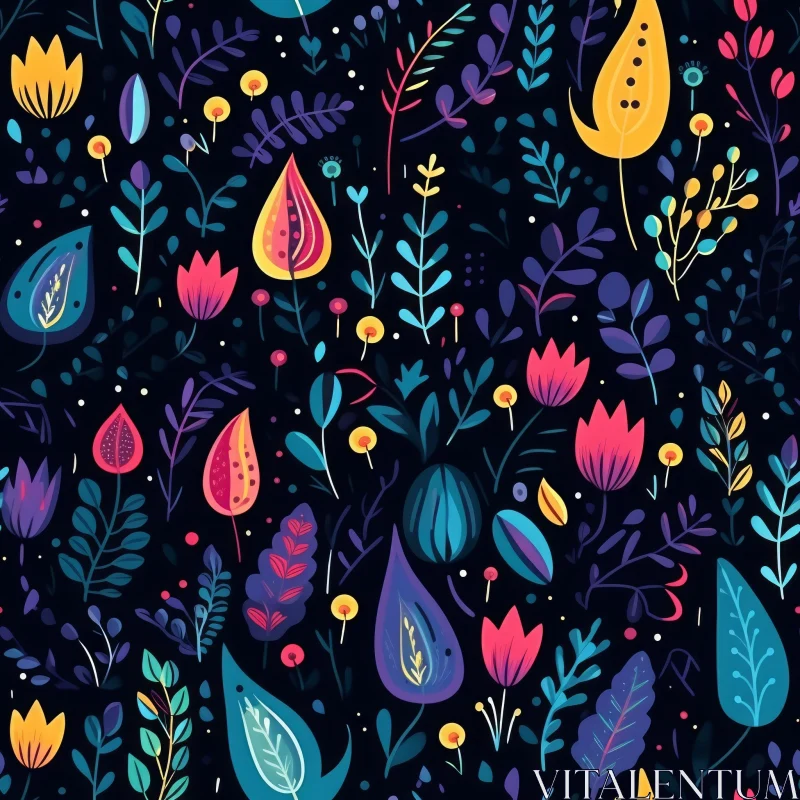 Cheerful Floral Pattern on Dark Blue Background AI Image