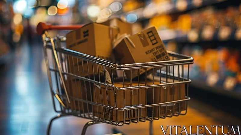 Close-Up Shopping Cart with Cardboard Boxes in Supermarket AI Image