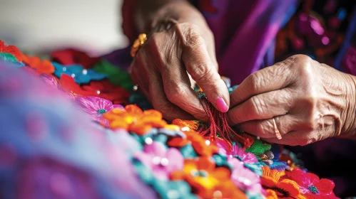 Elderly Woman Sewing Traditional Mexican Dress